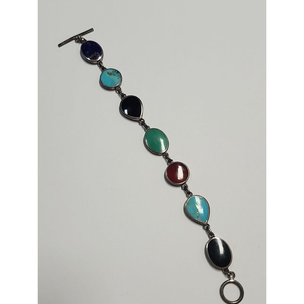 Sterling Silver Reversible Assorted Gemstone Bracelet Lapis Onyx Turquoise Etc